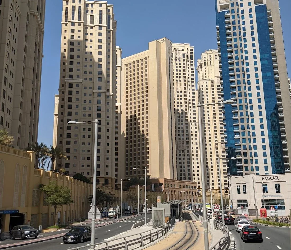 Jumeirah Beach Residence towers, tramway and road corridor in Dubai