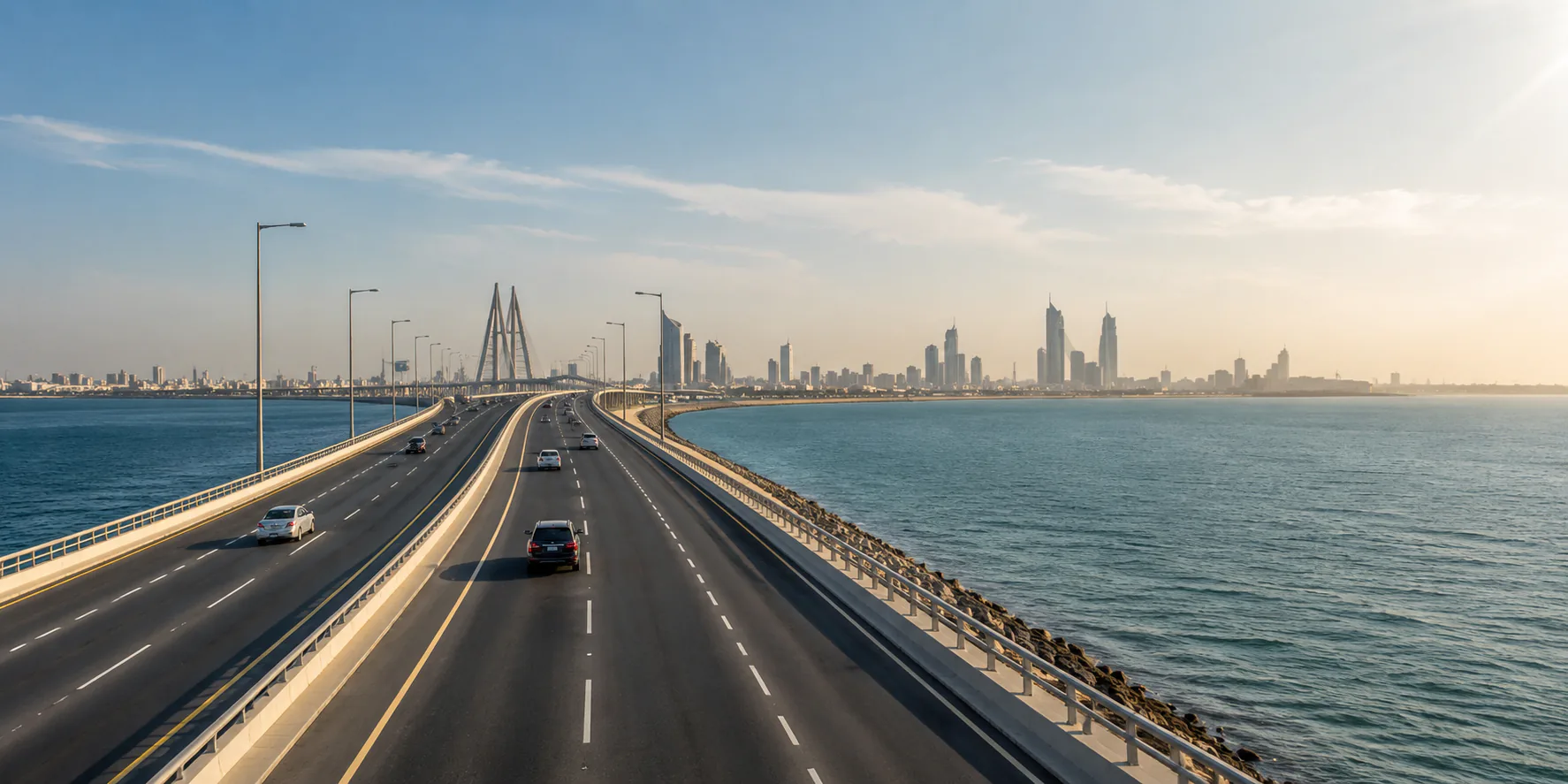 Connected GCC motorway corridor approaching a coastal city