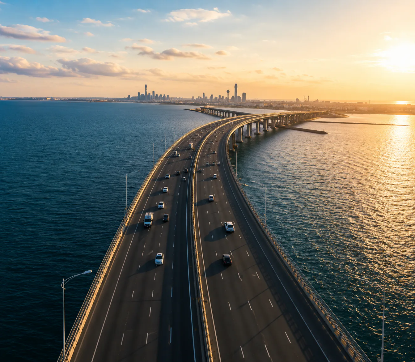 International motorway crossing water at sunset
