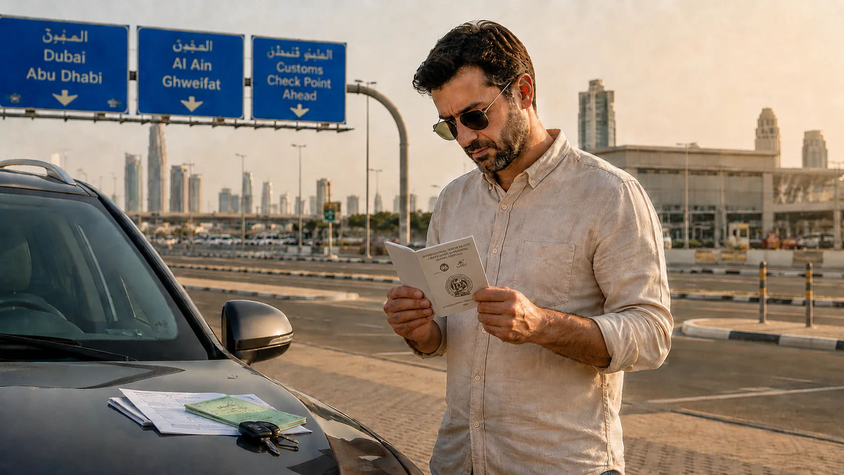 International driver reviewing travel documents beside a vehicle in the UAE