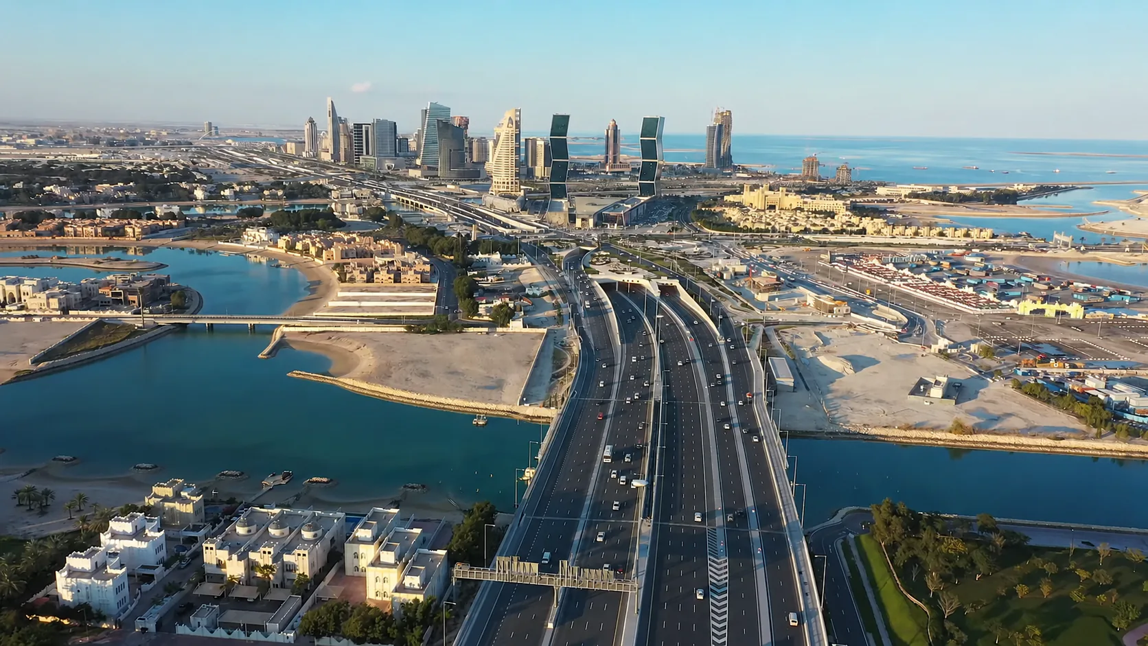 Aerial view of Doha's coastal motorway network